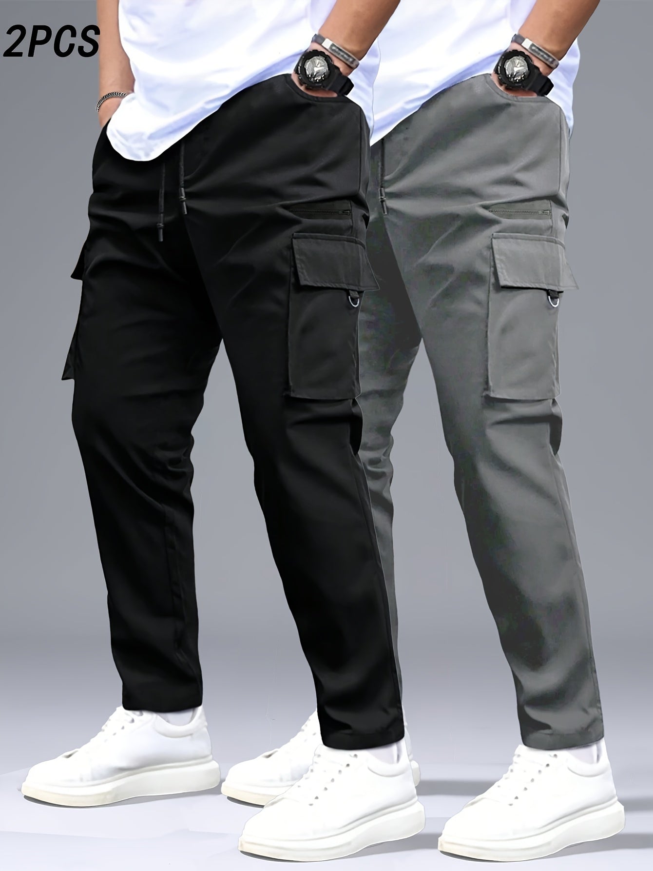 Men's 2pcs Cargo Pants with Drawstring Waist and Multiple Pockets, Suitable for Outdoor Casual Wear