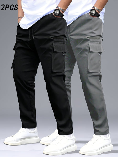 Men's 2pcs Cargo Pants with Drawstring Waist and Multiple Pockets, Suitable for Outdoor Casual Wear