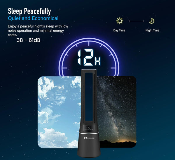 Puremate 2-In-1 Bladeless Tower Fan & Air Purifier with HEPA Filter, 10 Speed Settings, Portable Ultra Quiet Standing Fan with Remote Control, Digital Display, Powerful Air Cooling for Home & Office