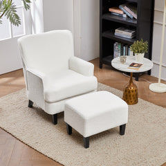 White Teddy Fabric Lounge Chair with Ottoman - 69x58x85.5cm Plush Armchair, Sponge Cushion & Plywood Frame, for Living Room/Bedroom (Black Wooden Legs)