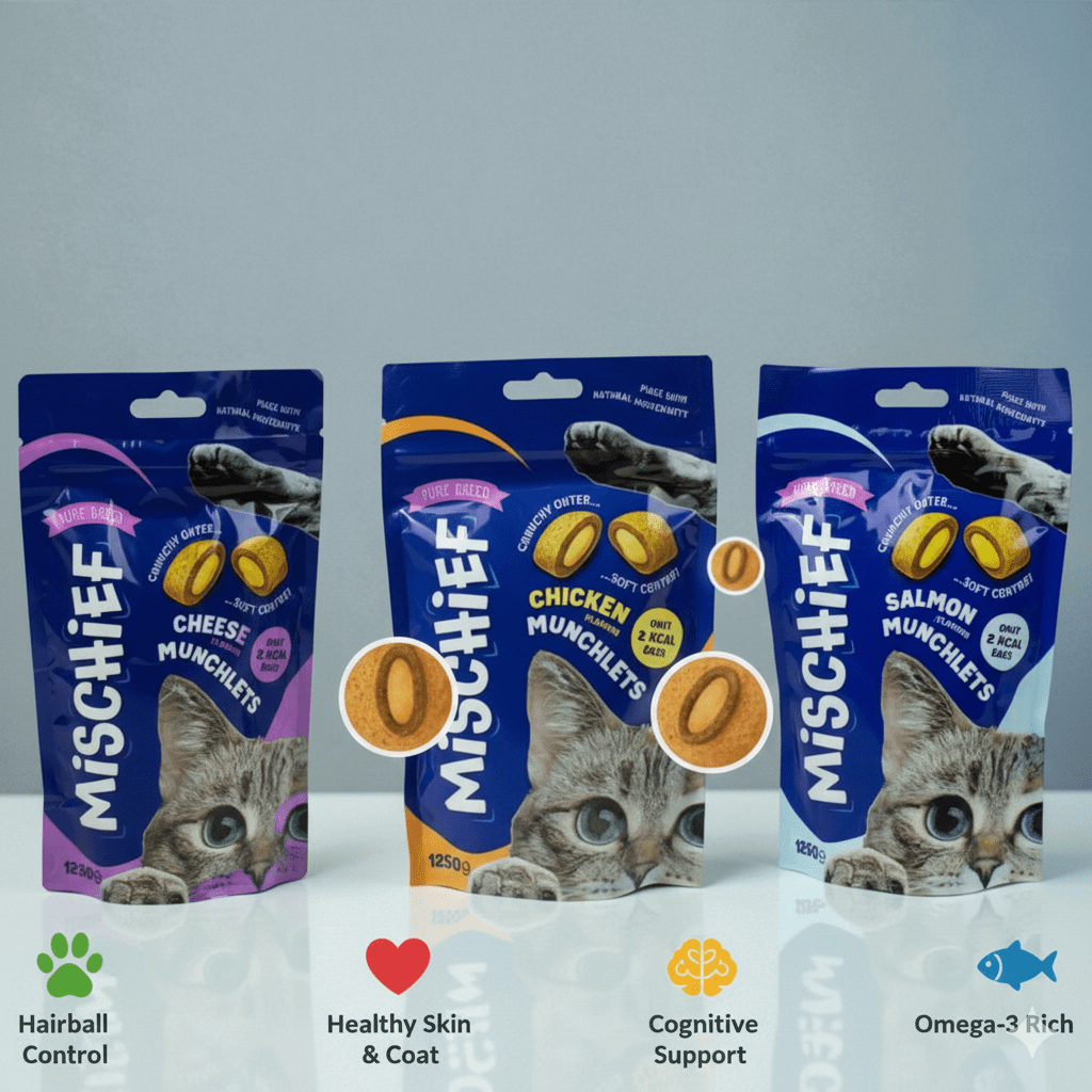 3 value pack Mischief Pillow Cat Treats - 125g | Crunchy & Creamy Snacks for Cats | Available in Salmon, Chicken & Cheese Flavors
