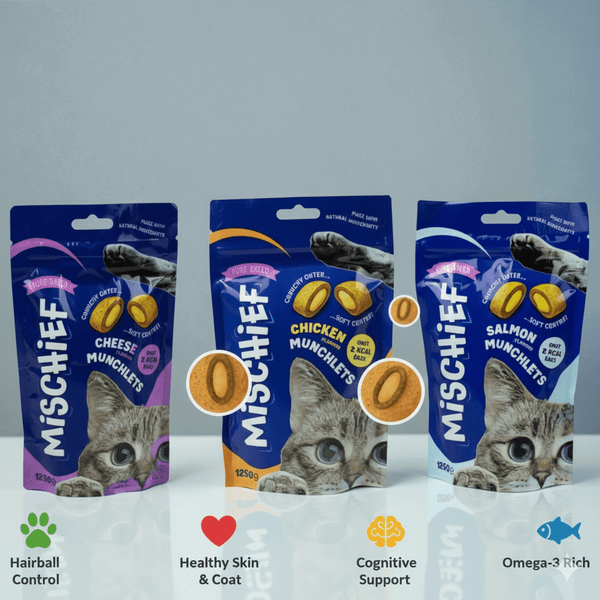 3 value pack Mischief Pillow Cat Treats - 125g | Crunchy & Creamy Snacks for Cats | Available in Salmon, Chicken & Cheese Flavors