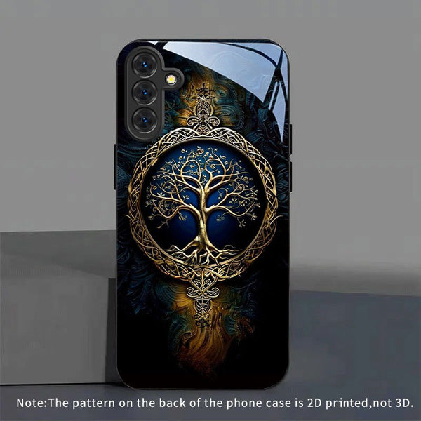 Phone Case - Blue Golden Tree of Life Pattern New Black Phone Case Tempered Glass for Iphone 17 Air/ 16/ 15/ 14/ 13/ 12/ 11/ Plus/ Pro/ Pro Max And Galaxy S, A Series/ S22/ S23/ S24 FE/ S25/ S26 ULTRA PLUS. It Is The First Choice of Gift for Family