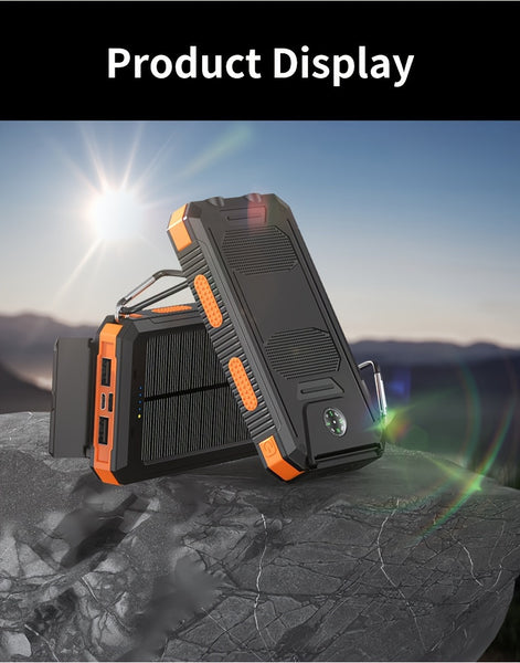 2pcs 20000mAh Portable Solar Power Bank, Portable Solar Mobile Phone Charger, Camping External Battery Charger for Mobile Phones, 2 USB/ LED Flashlights with Compass for Outdoor Activities