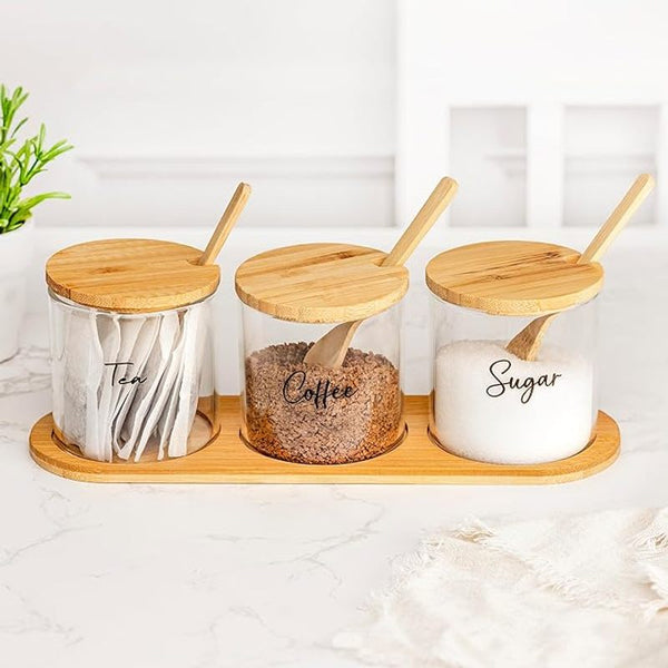 Marco Paul Glass Tea Coffee Sugar Canisters Set with Lids Hot Chocolate Station Glass Storage Jars with Lids Cocoa Powder Spices Herbs Home and Kitchen Accessories House Essentials Storage Containers