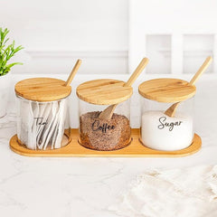 Marco Paul Glass Tea Coffee Sugar Canisters Set with Lids Hot Chocolate Station Glass Storage Jars with Lids Cocoa Powder Spices Herbs Home and Kitchen Accessories House Essentials Storage Containers
