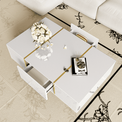 Marble Patterned Countertop Coffee Table with Gold Lines Rectangular Side Table, 2 Drawers, Modern Living Room Coffee Table