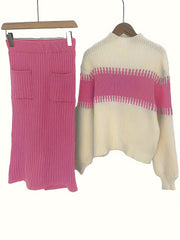 High Neck Pullover Skirt Split Two-Piece Color Block Contrast Thick Long Sleeve Sweater Set, Winter Wardrobe, Elegant Style, Color Block Design, Thick Fabric, Pullover Top, Long Sleeve Skirt, Women'S Fashion, Office Wear