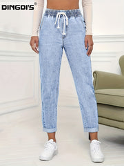 Ladies' 2026 New Elastic Waist Drawstring Slim-Fit Nine-Point Jeans, Acid-Washed Light Blue Rolled Hem Straight-Leg Denim Pants, Elegant Women'S Clothing, Tapered Pants Suitable for All Seasons, Pocketed Mom Jeans
