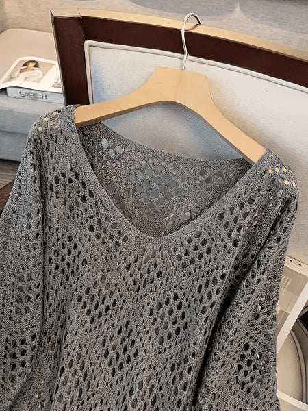 Plus Size - Plus Size - Plus Size Women'S Cashew Flower Loose Temperament Hollow Round Neck Pullover Long Sleeve Sweater