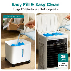 SereneLife Portable Air Cooler 25L – 1700 CFM Evaporative Cooling Fan with Ice Packs 60° Oscillation Timer Quiet Energy Efficient for Large Room Home Office Bedroom