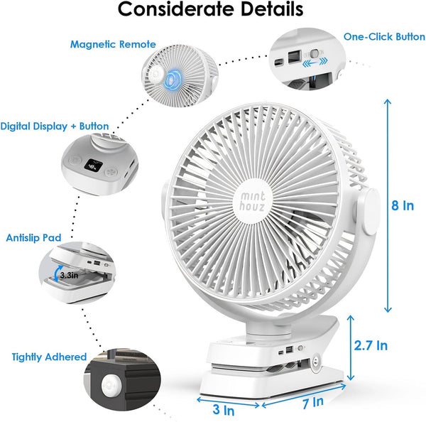 Minthouz 12000Mah Clip on Fan, 5 Speeds USB Desk Fan with Rechargeable Battery, 8 Inch, Max 29 Hrs, Remote Control & LED Display, Light, Timer, Personal Fan for Home Office Stroller Camping White