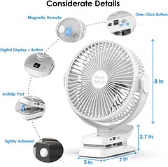Minthouz 12000Mah Clip on Fan, 5 Speeds USB Desk Fan with Rechargeable Battery, 8 Inch, Max 29 Hrs, Remote Control & LED Display, Light, Timer, Personal Fan for Home Office Stroller Camping White