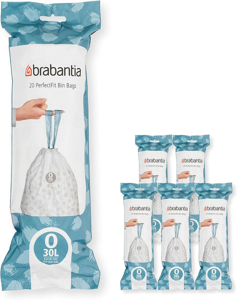 Brabantia Perfectfit Bin Liners (Size G/23-30 Litre) Thick Plastic Trash Bags with Tie Tape Drawstring Handles (40 Bags)