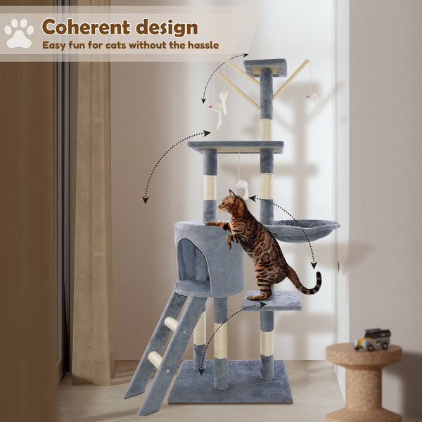 Cat Tree Scratching Post, Stable Structure KittenActivity Centre Pet Toy Scratcher, Tall Cat Furniture Climbing Tower for Indoor Cats, Grey