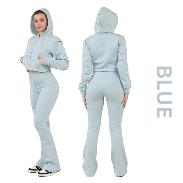 ZIPLORE Women'S Cropped Zip Hoodie and High-Waisted Bell Bottom Trousers Lounge Set for Casual, Athleisure & Streetwear - Suits, Womenswear Long Sleeve Minimalist Suits Womenswear Comfort Adjustable Clothing Drawstring Elegant Everyday Chic Loungewear Mat