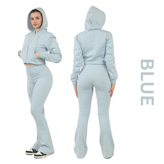 ZIPLORE Women'S Cropped Zip Hoodie and High-Waisted Bell Bottom Trousers Lounge Set for Casual, Athleisure & Streetwear - Suits, Womenswear Long Sleeve Minimalist Suits Womenswear Comfort Adjustable Clothing Drawstring Elegant Everyday Chic Loungewear Mat