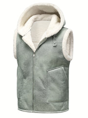 Men's Faux Fur-Lined Hooded Vest, Thickened and -Lined, Fashionable Windproof and Warm Outer Jacket for Men