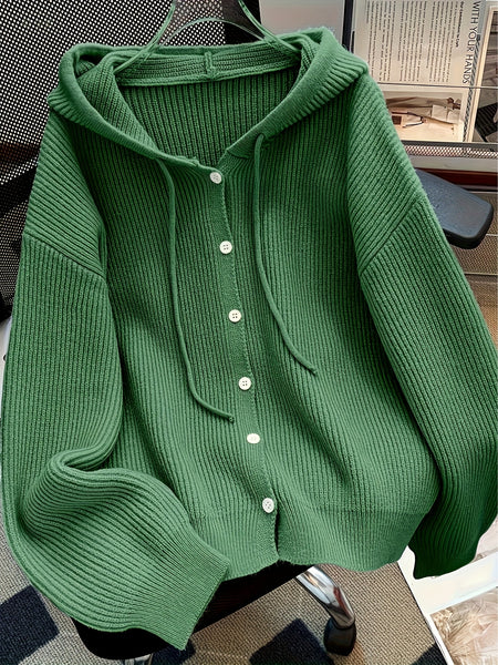 Hooded Button Sweater Cardigan, Spring Autumn Solid Color Casual Simple Open Front Soft Comfortable Elegant Women's Wear