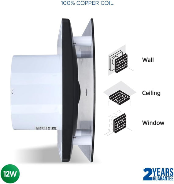 ROTHER Black Bathroom Extractor Fan 4 Inch IP44 Silent Wall Ceiling Mounted Timer Flat Panel Air Vent Cover Kitchen Room Powerful Ventilation 31Db 100Mm Copper Motor