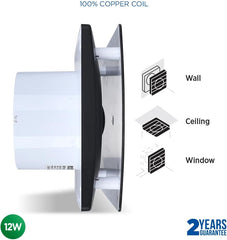ROTHER Black Bathroom Extractor Fan 4 Inch IP44 Silent Wall Ceiling Mounted Timer Flat Panel Air Vent Cover Kitchen Room Powerful Ventilation 31Db 100Mm Copper Motor