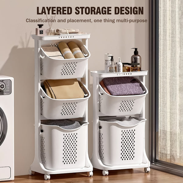 2-Tier/4-Tier Rolling Laundry Cart with Removable Baskets - Heavy-Duty Plastic Frame & Wheeled Hamper Organizer, Modern Bathroom Storage Cart Suitable for,, Dorm, Hotel - Space-Saving Clothes Sorting System, Laundry Baskets