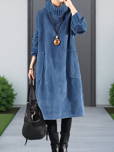 Women'S Elegant Corduroy Dress - Long Sleeve Turtleneck Loose Fit Winter Warm Dress with Pockets, Solid Color (Navy/) - Cozy Fall/Winter