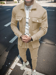 Men'S Fashionable Versatile Lapel Genuine Pocket Outwear Long Sleeve Jacket And Drawstring Solid Color Pocket Pants 2pcs Set