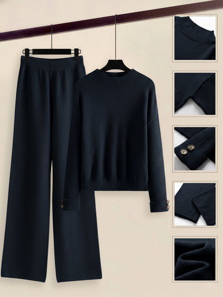 Women's 2pcs Set with Side Stripe| Crewneck Sweater & Relaxed Fit Straight Leg Pants| Soft Loungewear for Spring Autumn | European Casual Y Style