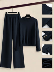 Women's 2pcs Set with Side Stripe| Crewneck Sweater & Relaxed Fit Straight Leg Pants| Soft Loungewear for Spring Autumn | European Casual Y Style