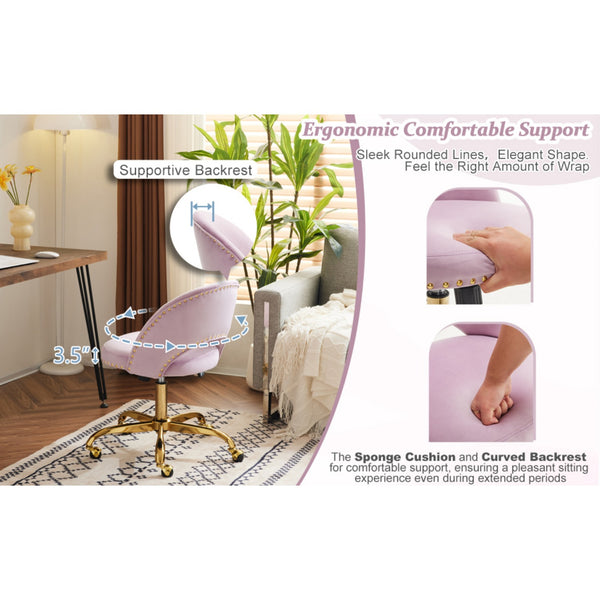 Office Chair Velvet Fabric Swivel Computer Desk Chair Comfy Armless Vanity Task Chair With Adjustable Height, Ergonomic Chair for Home Bedroom (Delicate Lilac)