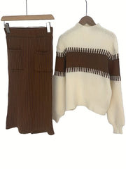 High Neck Pullover Skirt Split Two-Piece Color Block Contrast Thick Long Sleeve Sweater Set, Winter Wardrobe, Elegant Style, Color Block Design, Thick Fabric, Pullover Top, Long Sleeve Skirt, Women'S Fashion, Office Wear