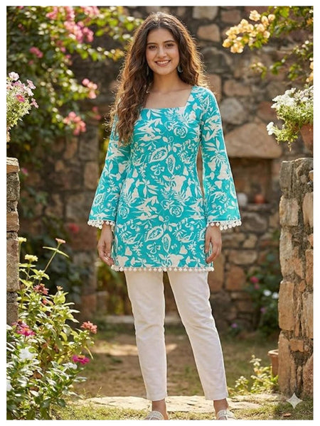 Estationeryhouse Cotton Printed Kurta Top, Long Sleeves, with White Tassels and Drawstring for Adjusting at Back