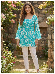 Estationeryhouse Cotton Printed Kurta Top, Long Sleeves, with White Tassels and Drawstring for Adjusting at Back