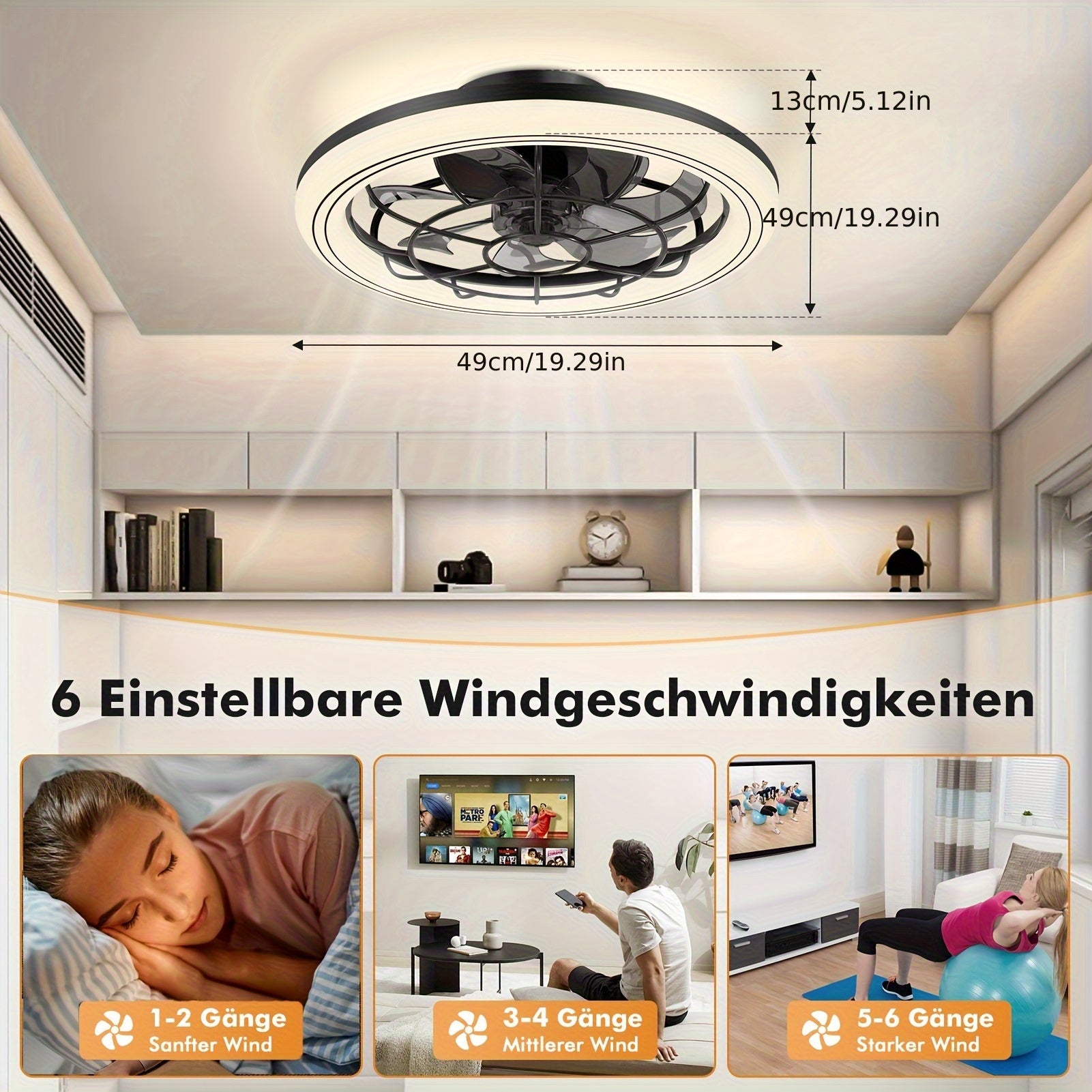 Modern 3-Color Temperature LED Ceiling Fan with Remote Control - Quiet Invisible Fan & Light, Semi-Flush Mount for Living Room, Bedroom, Dining Room - Energy Efficient Home Lighting, Bedroom Air Circulation, Sleek Light Fixture, Durable Plastic
