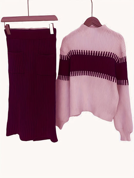 High Neck Pullover Skirt Split Two-Piece Color Block Contrast Thick Long Sleeve Sweater Set, Winter Wardrobe, Elegant Style, Color Block Design, Thick Fabric, Pullover Top, Long Sleeve Skirt, Women'S Fashion, Office Wear