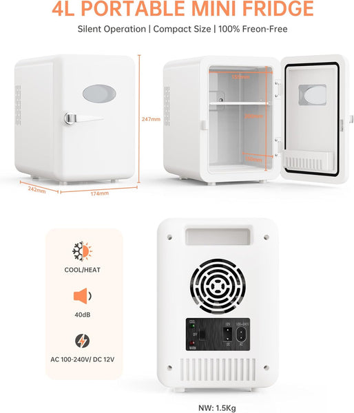4L Portable Mini Fridge with UK Plug, Quiet Compact Small Refrigerator, AC/DC Cooler & Warmer for Skincare, Drinks, Food, Bedroom, Office, Car, Dorm, Travel