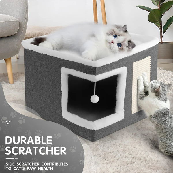 1pc Large Cat Cube House Cosy Foldable Bed Pet Cave Furry Soft Cushions Scratch Pads 42X42X36CM