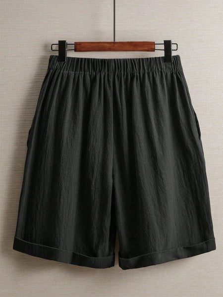 Women'S 100% Linen High Waist Shorts, Elastic Waist Button Front Loose Casual Bermuda Shorts for Daily Commute & Summer Vacation