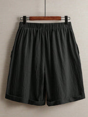 Women'S 100% Linen High Waist Shorts, Elastic Waist Button Front Loose Casual Bermuda Shorts for Daily Commute & Summer Vacation