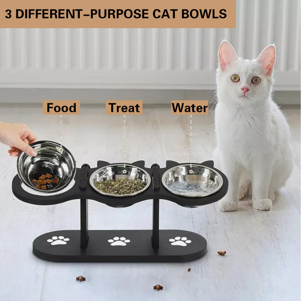 Pet Food Feeding Stand Station Stainless Cat Dog 3* Raised Bowls Wooden Holder