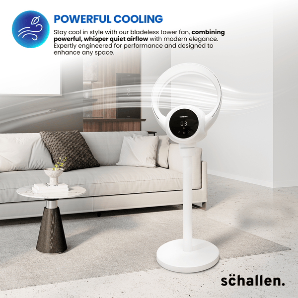 Schallen White 2 In 1 Bladeless Fan Floor and Desk Table Fan with Digital Display and Remote Control, Quiet Adjustable Cooling Fan for Home Office Bedroom, Modern White and Black Tower Fan with Safe Bladeless Airflow, Portable Standing or Desktop Fan with