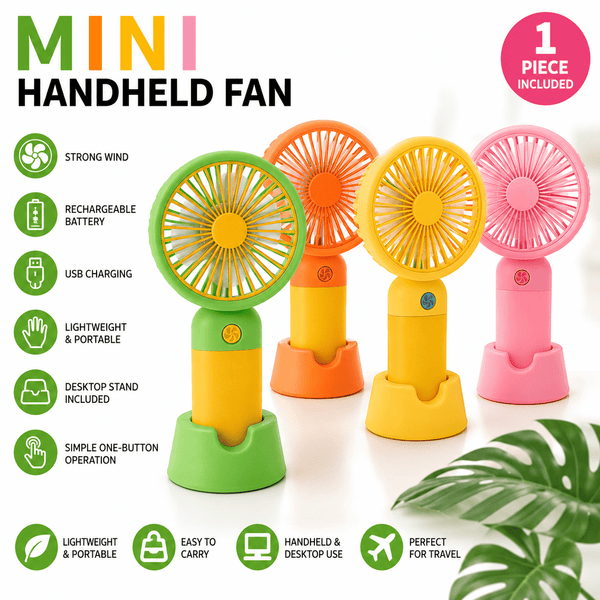 Mini Handheld Fan USB Rechargeable Portable Cooling Fan with Stand – Lightweight Personal Desk Fan, Assorted Colours, 1 Piece