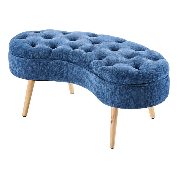 Nordic Modern Arc-shaped Design Quilted Button Fabric Upholstered Storage Stool Shoe Changing Stool with Wooden Legs, Large Capacity Shoe Changing Stool At The Entrance of The Living Room, Storage Bench At The Bed End, Blue, 103*50*46cm