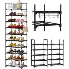 Shoe Rack 10 Tiers Shoe Storage Organiser, Sturdy Space-saving Shelf Tall Shoe Racks, Up to 20-25 Pairs Narrow Shoes Rack Stand for Dress Bedroom, Bathroom, Hallway, Outdoor, 30D x 40W x 175H cm,Black