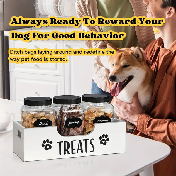 5-in-1 Wooden Pet Food Storage + 3 Plastic Jars + 1 Sticker – Uncharged Container for Dog & Cat Food Storage – Durable Wood Material Farmhouse Style Organizer for Pet Treats