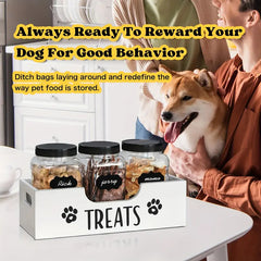 5-in-1 Wooden Pet Food Storage + 3 Plastic Jars + 1 Sticker – Uncharged Container for Dog & Cat Food Storage – Durable Wood Material Farmhouse Style Organizer for Pet Treats