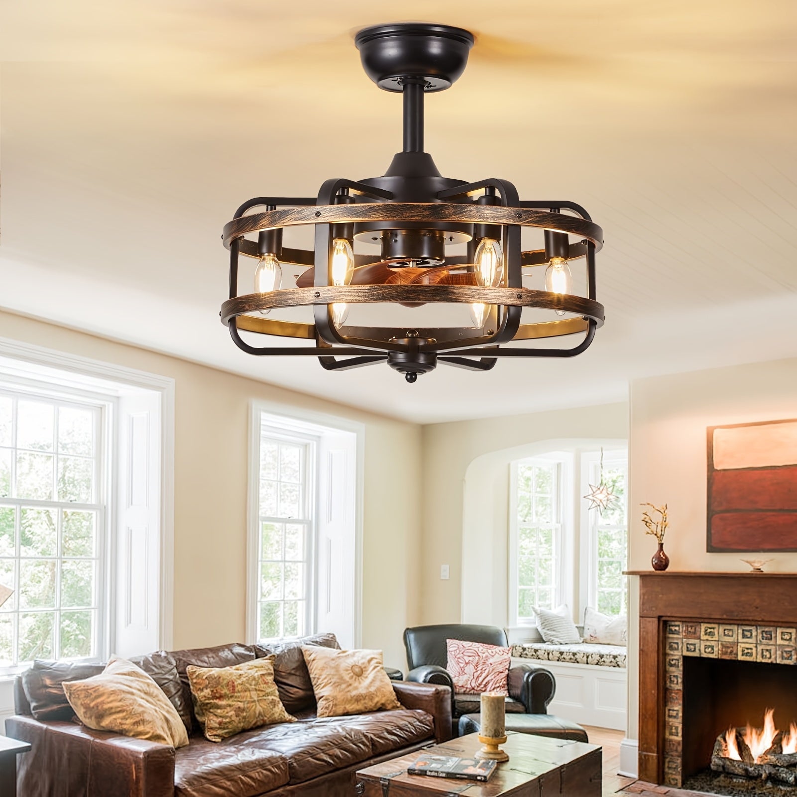 Caged Farmhouse Ceiling Fan with Light, 45.72cm Reversible 3 Wind Speed Industrial Ceiling Fan with 2 Down Rods, 1/2/4 Timing Quiet Flush Mount Rustic Ceiling Fan with Remote Control for Bedroom, Living Room, Dining Room, Kitchen