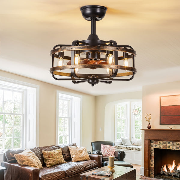 Caged Farmhouse Ceiling Fan with Light, 45.72cm Reversible 3 Wind Speed Industrial Ceiling Fan with 2 Down Rods, 1/2/4 Timing Quiet Flush Mount Rustic Ceiling Fan with Remote Control for Bedroom, Living Room, Dining Room, Kitchen
