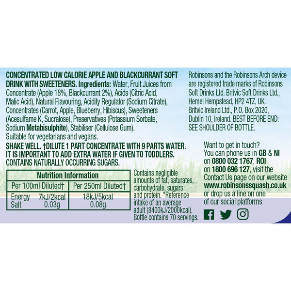 Robinsons Real Fruit Double Strength Apple & Blackcurrant Squash, 2 X 1.75L